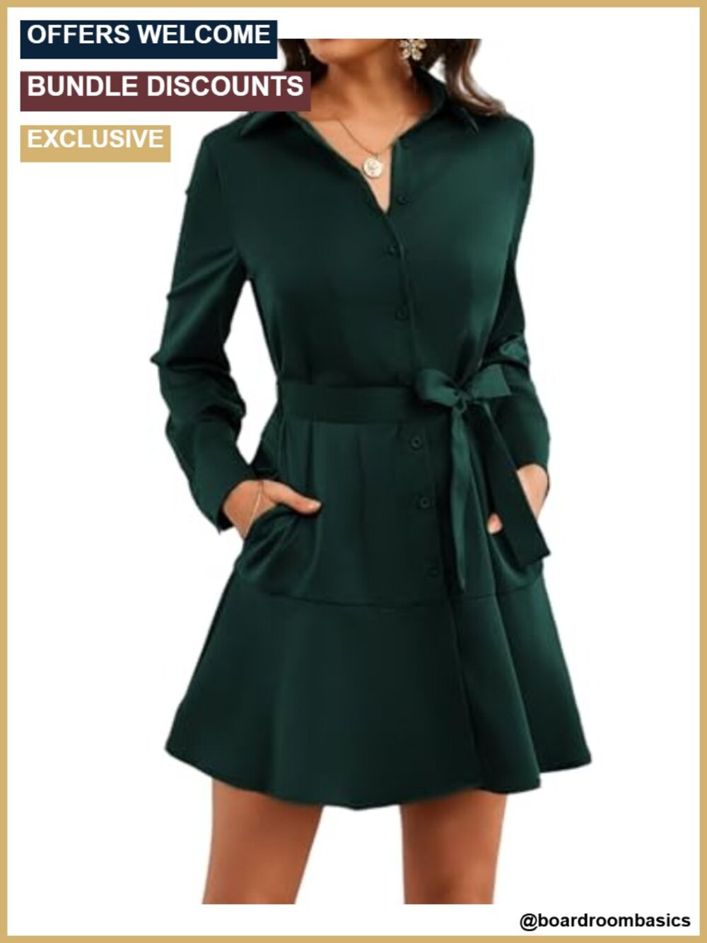 Women's Long Sleeve Button Up Midi Shift Dress with Pockets Work Office